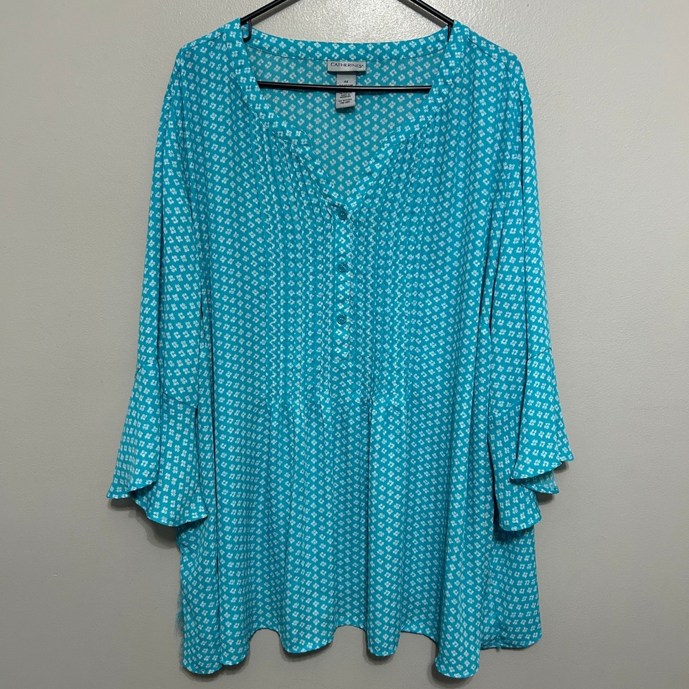 Catherines Tunic Blouse 4X Blue Geometric Floral Bell Sleeve Henley Top Flaw